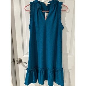 Michael Kors Eyelet Ruffle‎ Dress Sleeveless Teal Blue XS